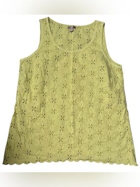 J Jill 100% Cotton Eyelet Lime Green Tank Top Size Medium Boho Beachy Resort
